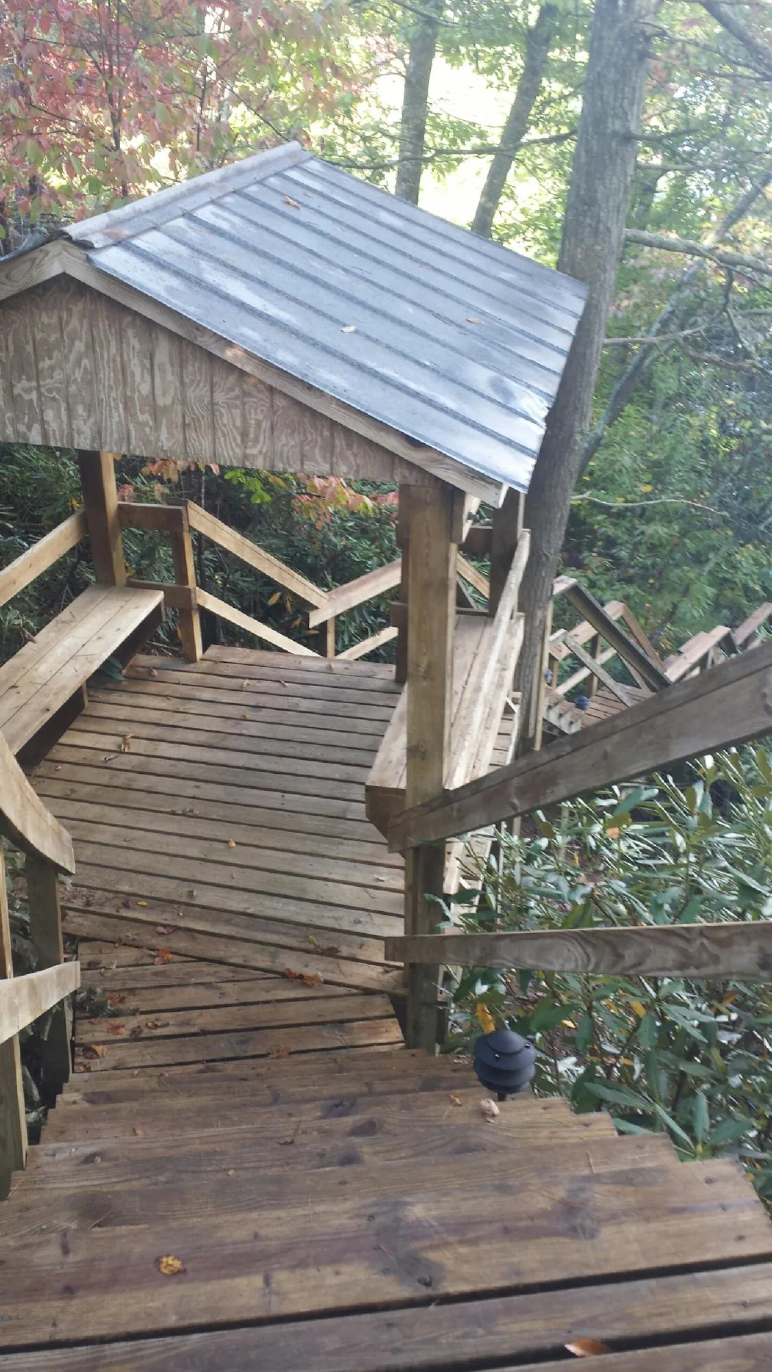 Metal roofed shelter over wooden steps on a wooded walkway — Skylight Repair & Installation work by our crew in Palmersville